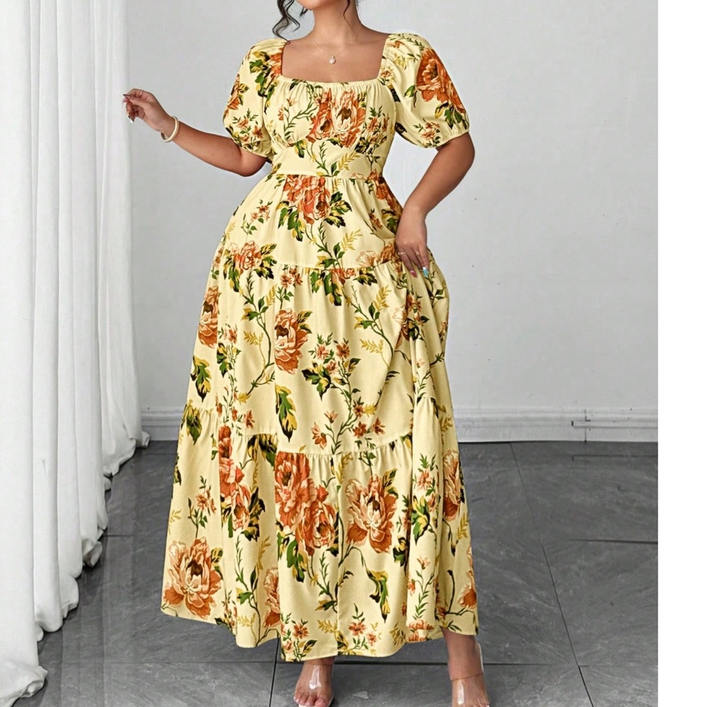 Plus Floral Print Puff Sleeve Ruffle Hem Maxi Dress
